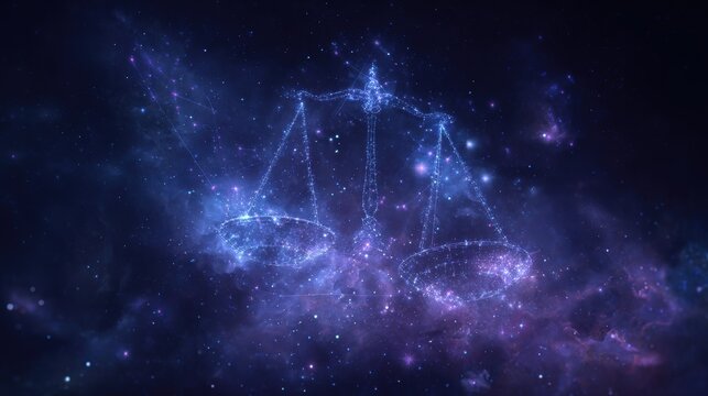 Space universe exploration, fantasy. A digital artwork depicts a celestial scene, specifically the scales of justice, set against a backdrop of a nebula filled with stars and nebulae.