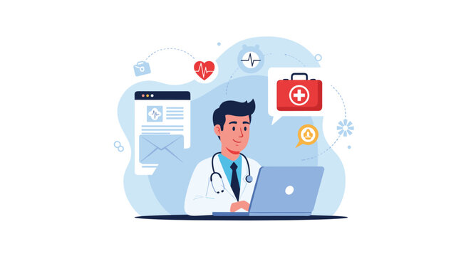 Male doctor in a lab coat working on a laptop surrounded by medical icons like a heartbeat, first aid kit, and stethoscope.