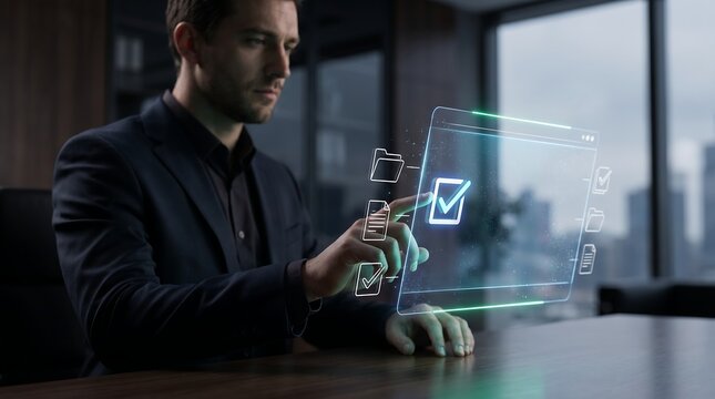 Professional businessman managing digital records and electronic filing system through interactive transparent display to streamline corporate documentation and data storage