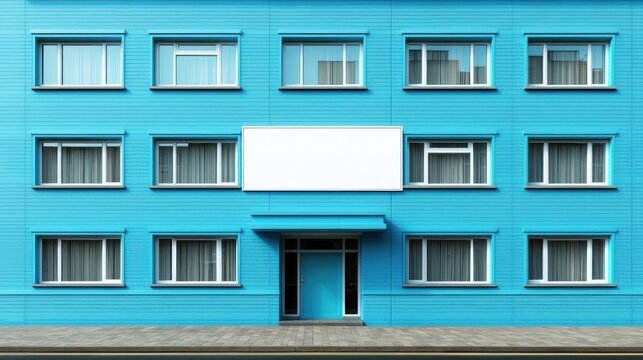 A light blue building with multiple windows