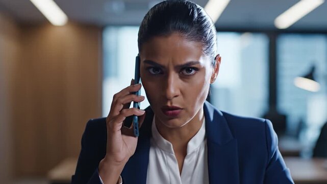 Professional woman reacts angrily during phone call office. Stressful corporate conflict mood. Use for business articles or communication training.