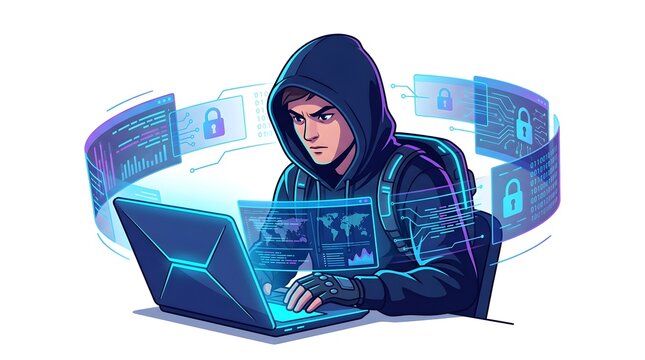 Cybersecurity hacker at laptop surrounded by digital data screens and padlock icons, symbolizing ethical hacking, data protection and advanced online security monitoring