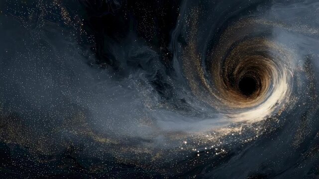 Massive black hole with glowing accretion disk and gravitational lensing effect in deep space surrounded by distant stars