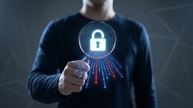 Person holding magnifying glass over digital padlock icon with binary code stream for cybersecurity and data protection concepts in a professional digital technology setting