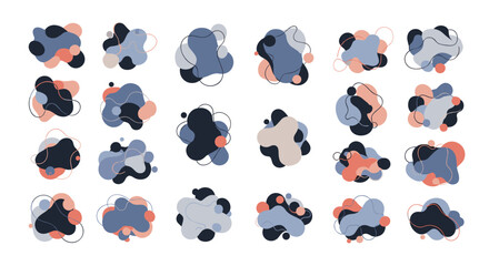 Fototapeta premium Creative set of twenty distinct abstract fluid shapes and liquid blobs in various muted colors and designs for modern graphic art.