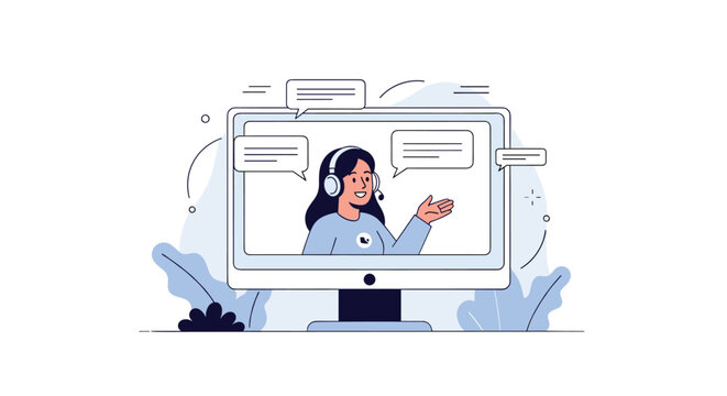 Customer support and help desk concept featuring a smiling woman with a headset on a computer monitor surrounded by leaves and clouds.
