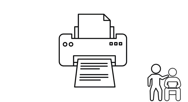 Concept of office documentation and teamwork showing a large printer with a finished page and two small human figures working together.