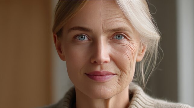 Split screen portrait shows a young woman on one side and an older woman on the other side, highlighting the effects of aging clearly and directly