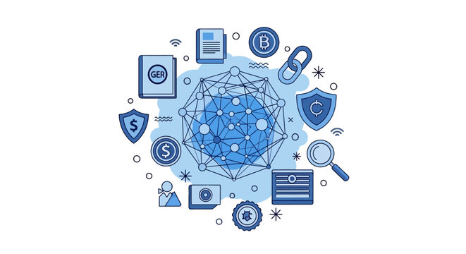 Blockchain Technology and Cryptocurrency Global Network Concept. Vector Illustration of Digital Finance, Data Security, and Decentralized Systems.