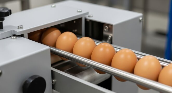 Fresh brown and white eggs on an automated conveyor belt in a modern egg production factory for sorting and packaging