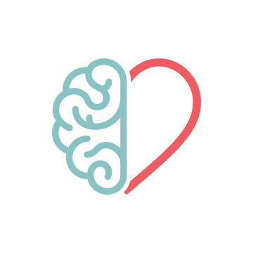 Minimalist vector logo combining light blue human brain left half with coral heart outline right half, symbolizing logic and emotion balance, isolated on white background.