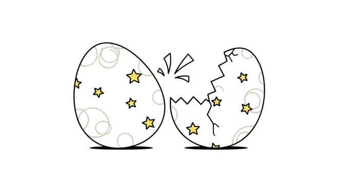 New beginning or discovery concept showing a large white egg with yellow stars that has been cracked open in the middle.