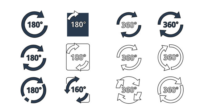Rotation and panoramic view icons showing arrows indicating 180 and 360 degree turns for video and photography angles.