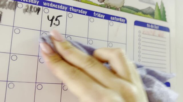 Woman's hand erasing notes, marks, and to do lists from a reusable white magnetic monthly planner calendar, preparing for a fresh start with a clean schedule