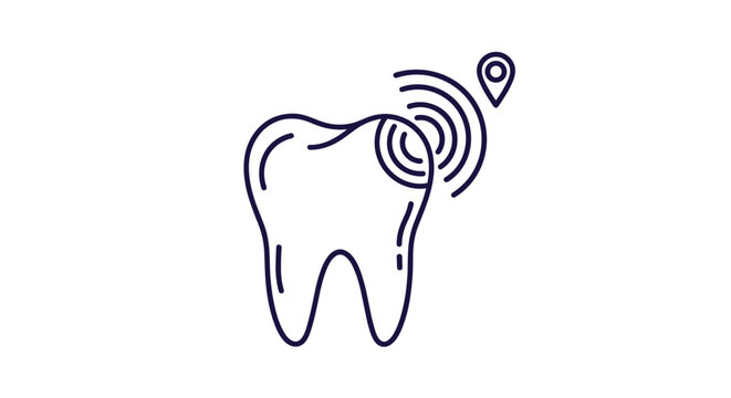 Dental health and toothache concept showing a molar tooth icon with circular signal waves indicating pain or sensitivity.