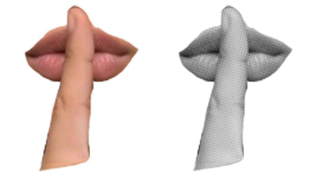 Halftone pop art illustration of finger on lips silence gesture