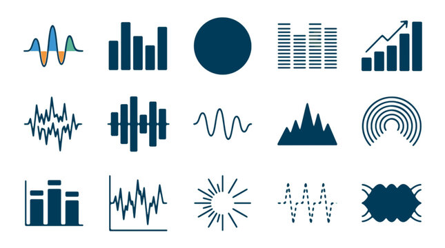 Modern set of data analytics and business intelligence icons including charts graphs metrics KPIs dashboard infographics statistics visualization tools and reporting elements for digital mar