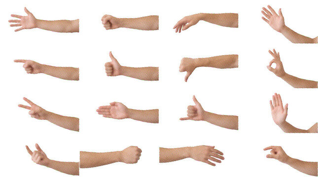 Retro halftone hand gestures collection showing various signs and signals