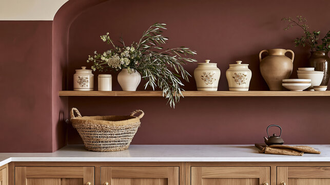 Kitchen shelving area featuring matte limewash dusty oxblood wall, honey oak shelves, vintage porcelain canisters, and woven jute basket