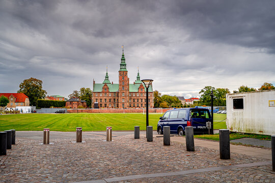 Police car in front of Rosenborg Castle in Copenhagen, Denmark.