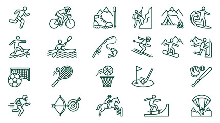 Fototapeta premium A vibrant illustration features various sports icons arranged in rows on a white background, showcasing athletes in action.