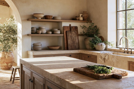 Tuscan kitchen featuring a travertine island, lime-washed walls, and rustic wooden shelves with stoneware bowls and herbs in natural light