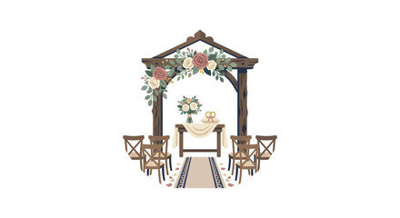 Obraz premium Rustic Wedding Arch with Flowers, Chairs, and Rings