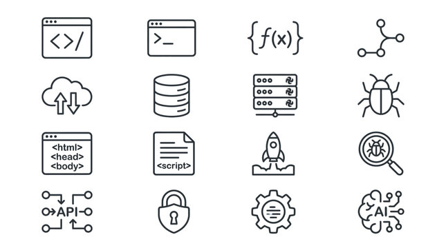 A collection of black and white line icons depicting various programming and development concepts on a white background including coding symbols.