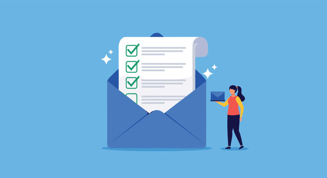 Business professional woman standing next to a large blue envelope containing a document checklist with green checkmarks for task completion.