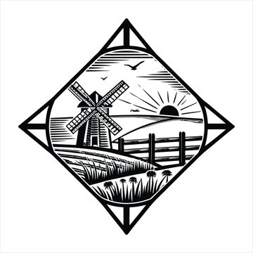 Linocut vector design featuring a traditional rustic windmill in a farm field with a rising sun and fence inside a diamond frame, perfect for organic food and country logos.