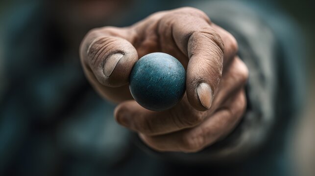 Hand holding a dark blue spherical object close up photography