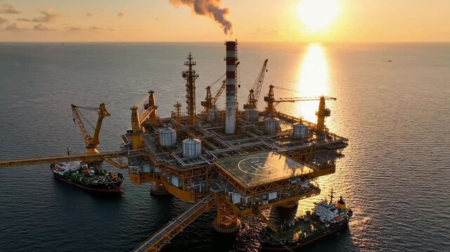 Aerial view of offshore oil rig platform at sunset with supply ships and flare stack petroleum energy