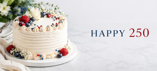 USA independence 250 anniversary cake with berries, flowers, patriotic red blue accents, visible Happy 250 text, marble copy space background for sale banner, celebration marketing, social media © dvoevnore