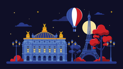 Paris night landscape vector illustration with Palais Garnier Eiffel Tower and French flag hot air balloon © SOHAG