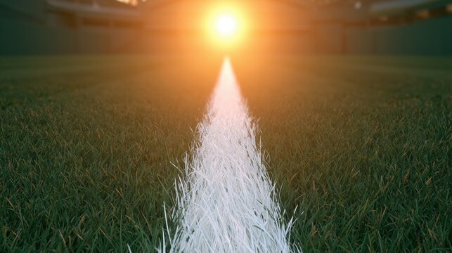 Fresh grass court and white line in sharp foreground focus beneath golden sunlight on center court.