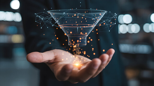 Businessman holding a digital funnel with glowing orange particles