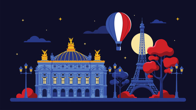 Paris night landscape vector illustration with Palais Garnier Eiffel Tower and French flag hot air balloon