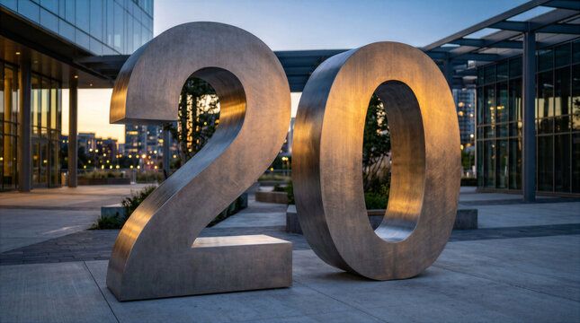 Large metallic number 20 sculpture in modern urban office plaza at sunset
