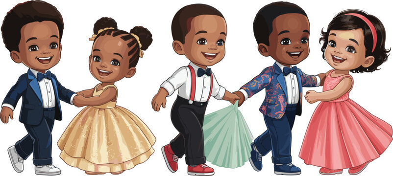 Adorable African American Children Dancing Vector Set Featuring Kids in Formal Suits and Elegant Dresses for Prom Wedding and Celebration Designs