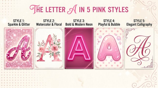 Pink Decorative Letter a Variations Displayed in Five Typography Style Panels