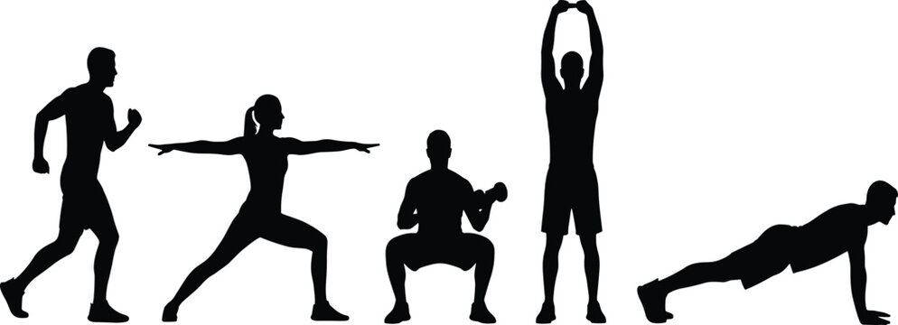 Fitness, people, silhouettes, set, of, men, and, women, working, out, training, exercising, gym, isolated, on, white, background, vector, illustration, collection.