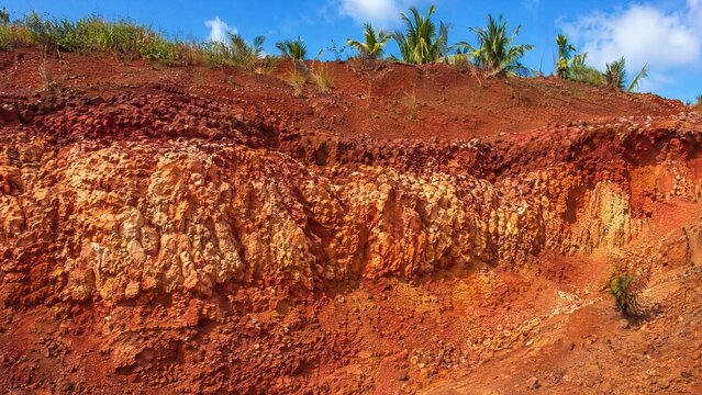 bauxite. Exposed bauxite layers in tropical red soil under natural sunlight. safety posters, maintenance manuals, designed for precision metalworking and fabrication facilities, improves efficiency.