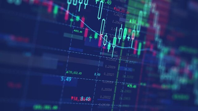 Seamlessly looped stock market animation with candlestick chart, financial metrics and analytics on abstract blue background. Perfect visual for forex trading reports and economic news