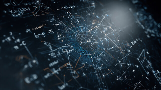 Close-up view of intricate scientific equations and symbols illustrated on a dark background, symbolizing advanced technology and research in physics and mathematics.