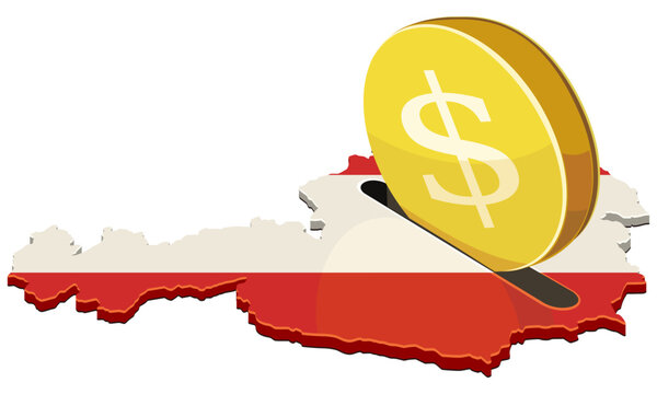 Vector artwork symbolizing american foreign investment, transatlantic trade partnerships, international financial capital, and dollar exchange inside the map of Austria, (cut out)