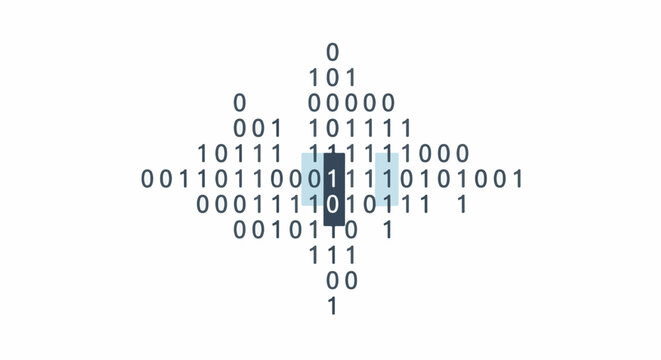 A symmetrical arrangement of binary code digits forming a cross-like pattern on white