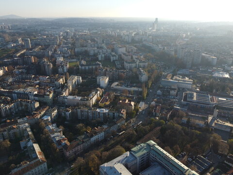 Drone view of sunset above New Belgrade and Zemum districts, Serbia, Europe. 4K.