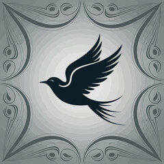 Fototapeta premium Monochromatic avian silhouette exhibiting aerodynamic wing extension against a grayscale gradient with symmetrical curvilinear filigree patterns