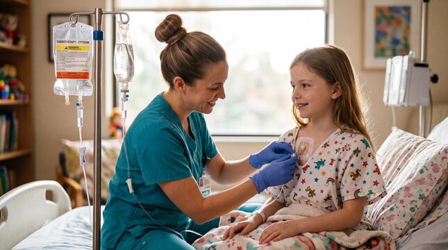 Smiling Nurse Caring for Young Girl with Chemo IV Drip in Pediatric Hospital Ward