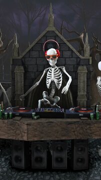 Seamless vertical video of a DJ skeleton and skeletons dancers in a cemetery at night. Funny halloween background.